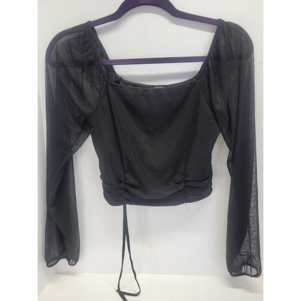 Ambiance Apparel Y2K Blouse Long Sleeve Sheer Crop Top Size M Black